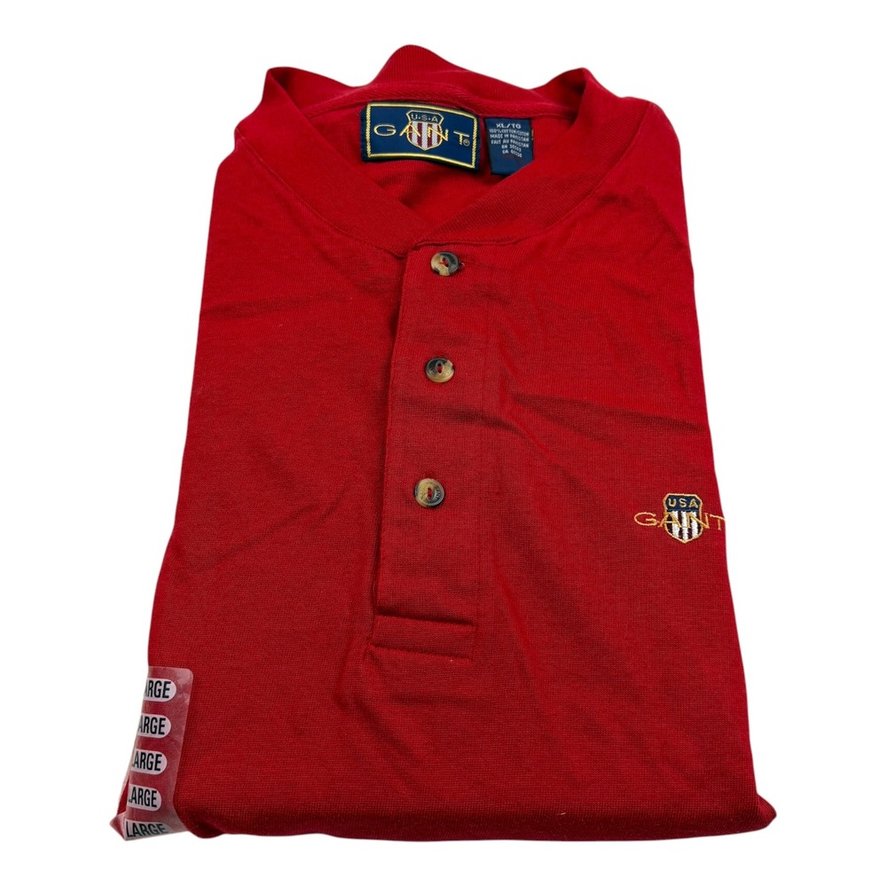 Gant USA Men XL Red Short Sleeve Henley Shirt Cotton Embroidered Logo Vintage